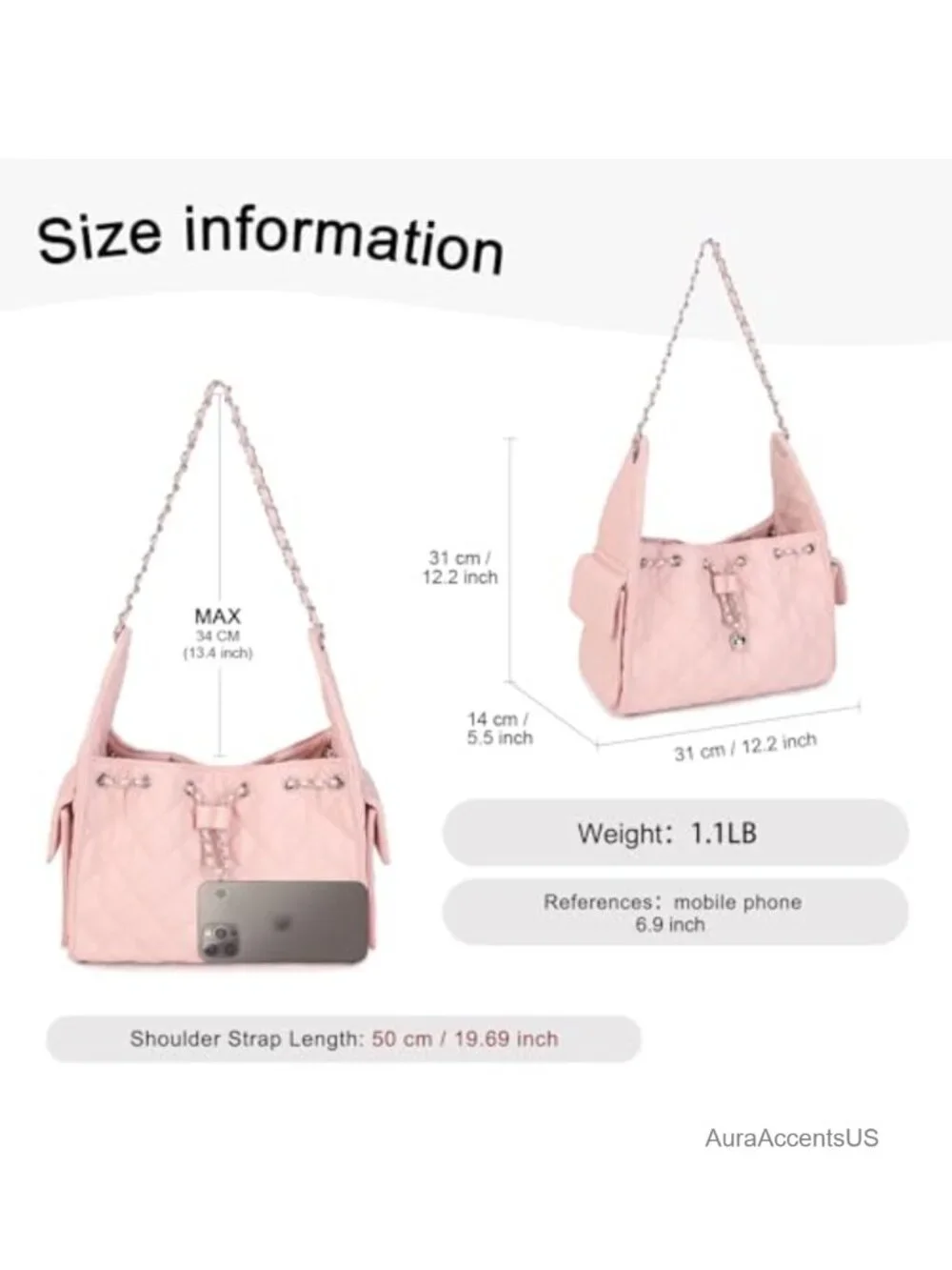 Quilted Hobo Shoulder Bag with Chain Strap - Large Tote Handbag